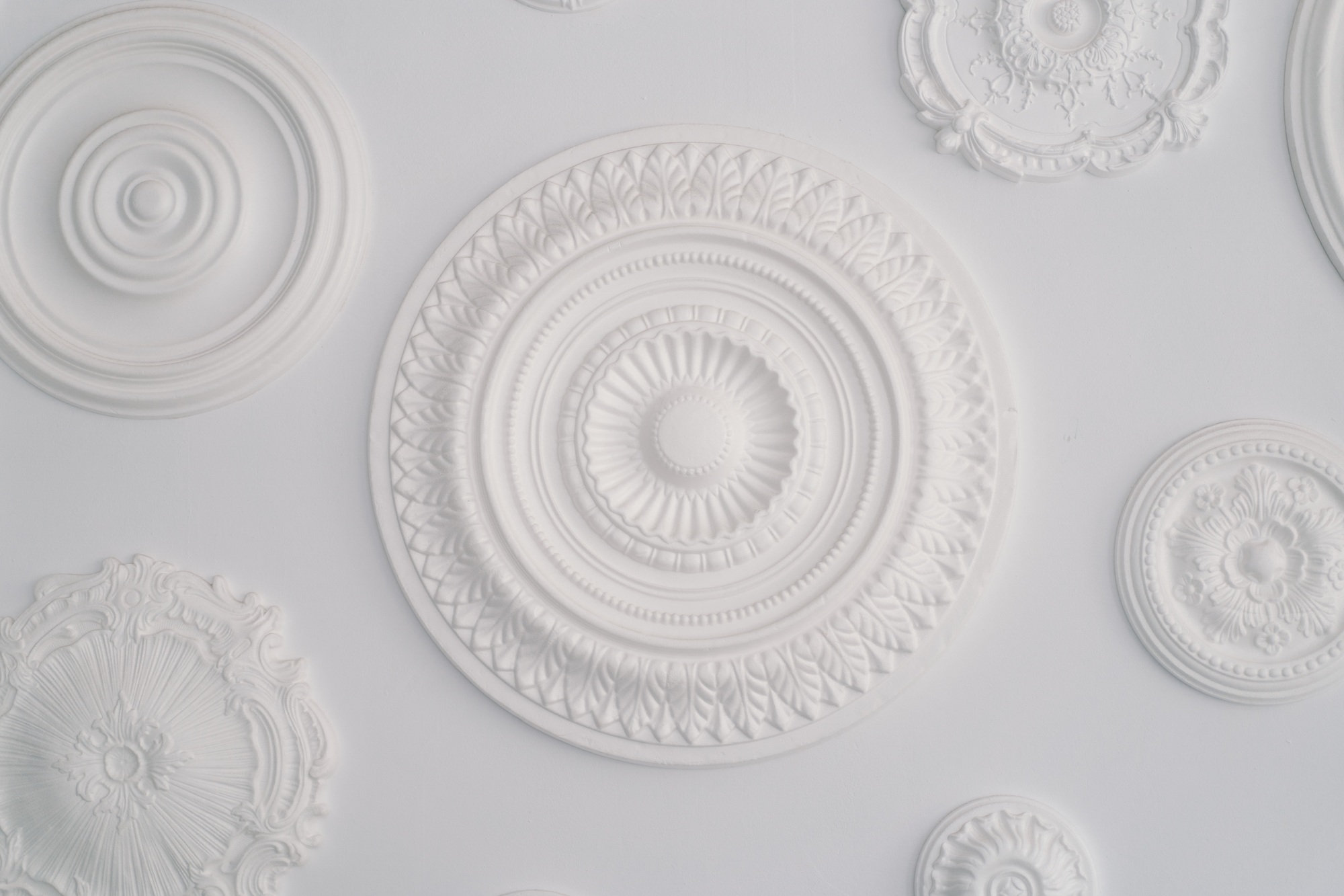 Abstract White Circular Bas-Relief Sculptures on a Clean Background